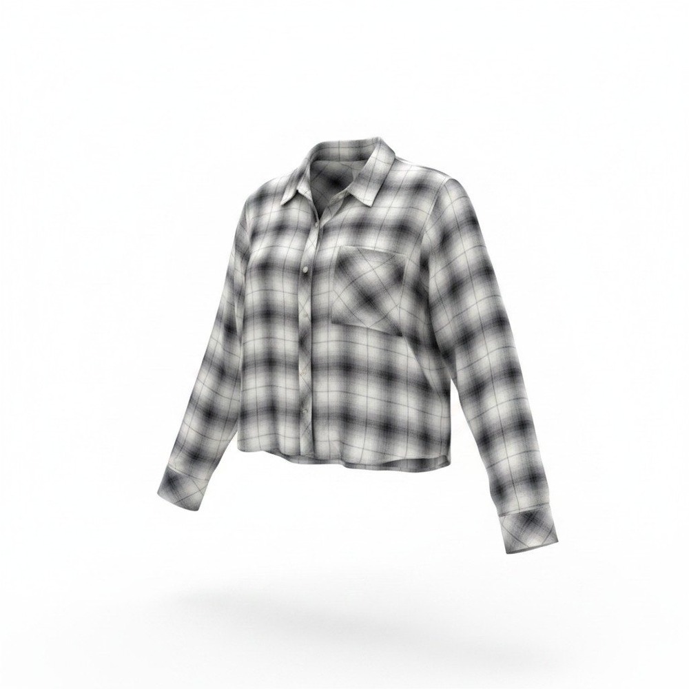 Rails Plaid Flannel Button Down Shirt Women M Gray White Cropped Long Sleeve